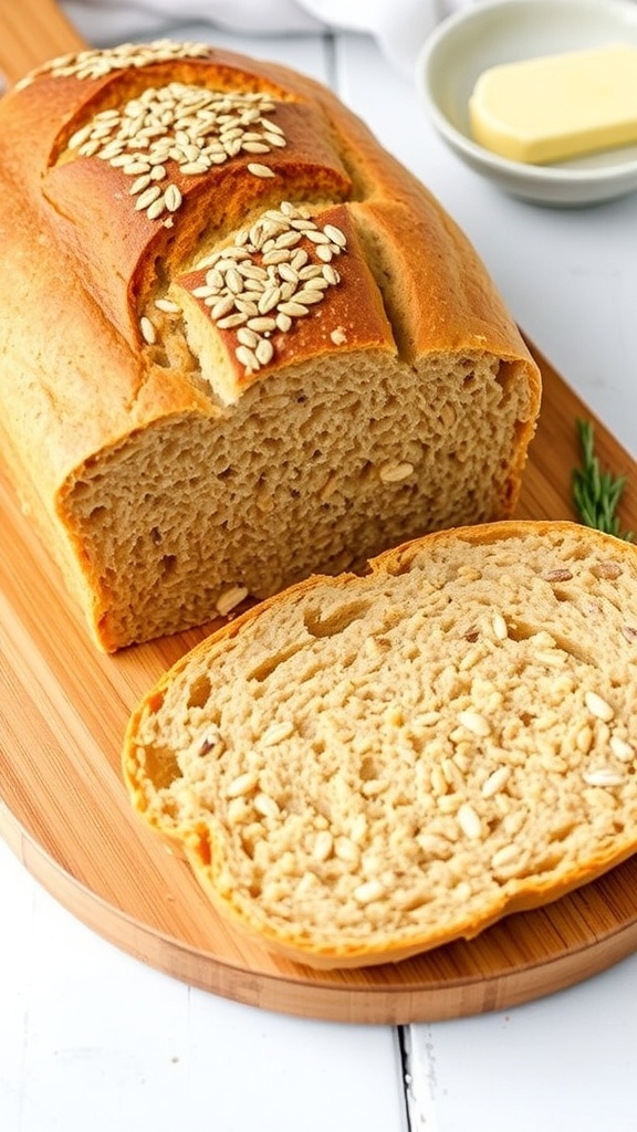 Homemade 5 Grain Bread Machine Recipe A sliced loaf of 5 grain bread on a wooden cutting board with butter and herbs.